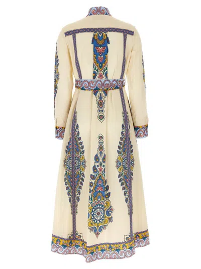 Etro Cotton Poplin Maxi Dress With Paisley Medallion And Contrasting Belt In Blue