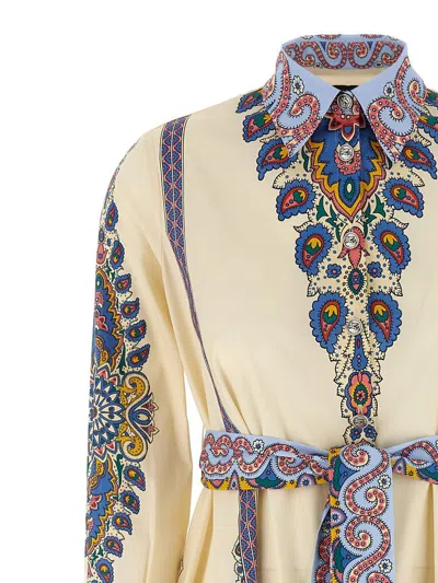 Etro Cotton Poplin Maxi Dress With Paisley Medallion And Contrasting Belt In Blue