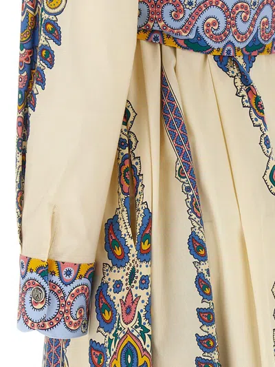 Etro Cotton Poplin Maxi Dress With Paisley Medallion And Contrasting Belt In Blue