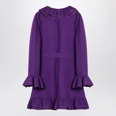 Valentino Garavani Purple Short Dress With V-neck And Ruffles In Virgin Wool And Silk Blend Woman