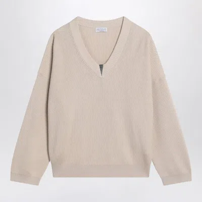 Brunello Cucinelli V-neck Rib Knit Sweater With Monili-insert In Neutral