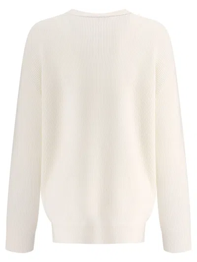Brunello Cucinelli Cashmere English Rib Sweater With Monili Knitwear White In Neutral