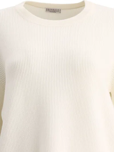 Brunello Cucinelli Cashmere English Rib Sweater With Monili Knitwear White In Neutral