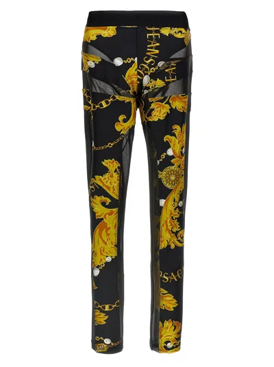 Versace Jeans Couture Leggings With Baroque Print And Mesh Panels In Black