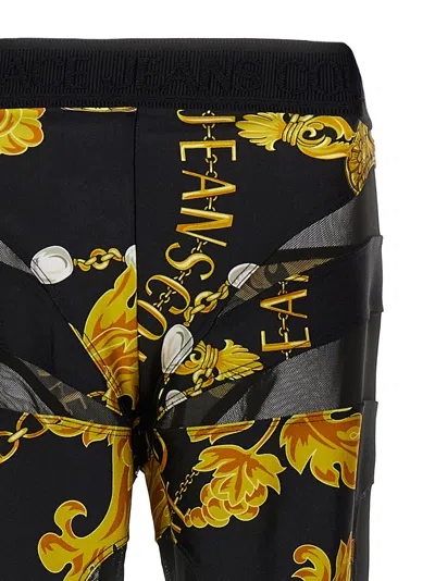 Versace Jeans Couture Leggings With Baroque Print And Mesh Panels In Black
