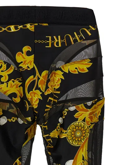Versace Jeans Couture Leggings With Baroque Print And Mesh Panels In Black