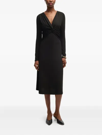 Hugo Boss Twist-detail Long-sleeve Midi Dress In Black