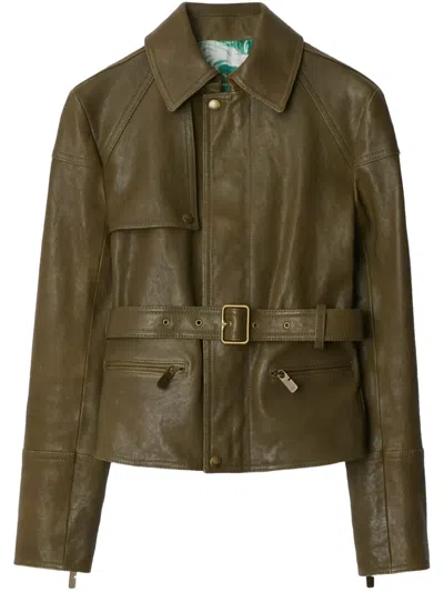 Burberry Belt Design Leather Jacket In Green