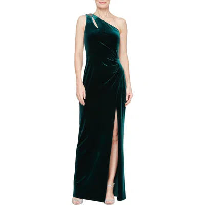 Alex Evenings Pleated One-shoulder Velvet Sheath Gown