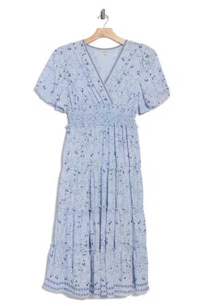 Max Studio V-neck Puff Sleeve Tiered Dress In Blue