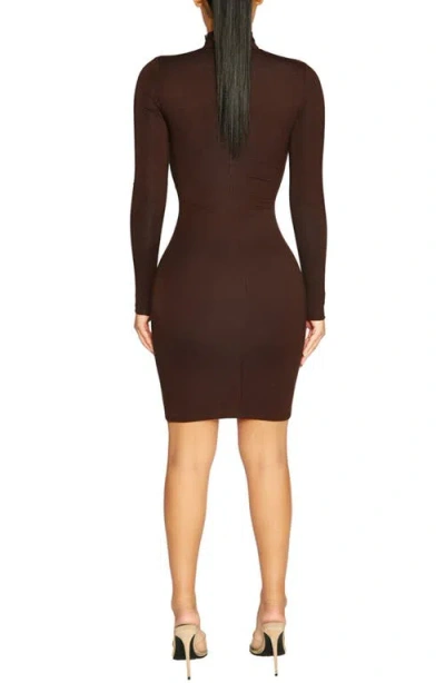 Naked Wardrobe Turtleneck Long Sleeve Asymmetric Minidress In Brown