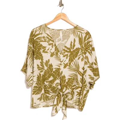 Renee C Tropical Short Sleeve Tie Front Button-up Top In Green