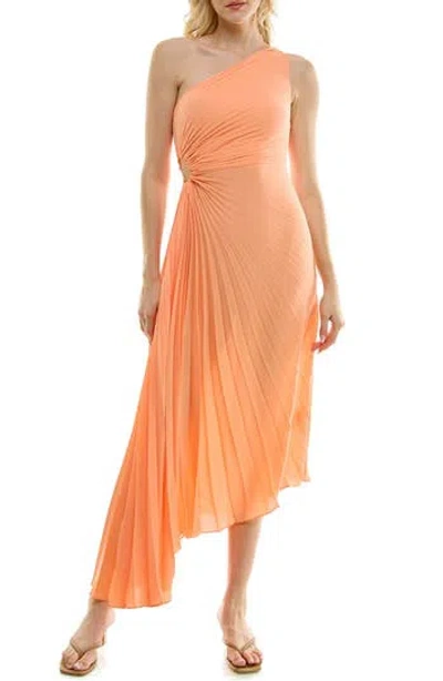 Nicole Miller One Shoulder Pleat Midi Dress In Orange