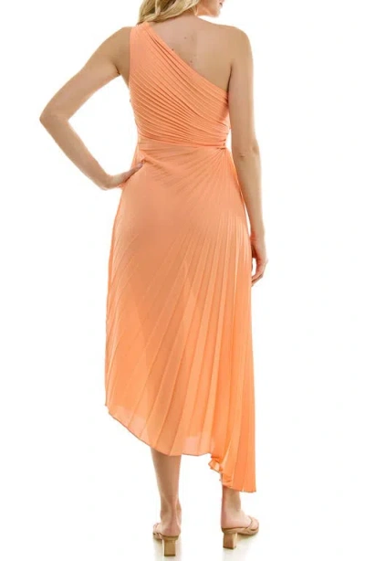 Nicole Miller One Shoulder Pleat Midi Dress In Orange