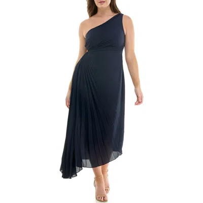 Nicole Miller One Shoulder Pleat Midi Dress In Blue