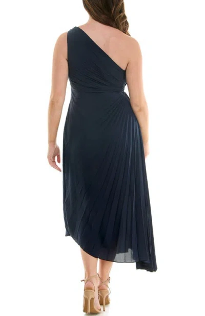 Nicole Miller One Shoulder Pleat Midi Dress In Blue