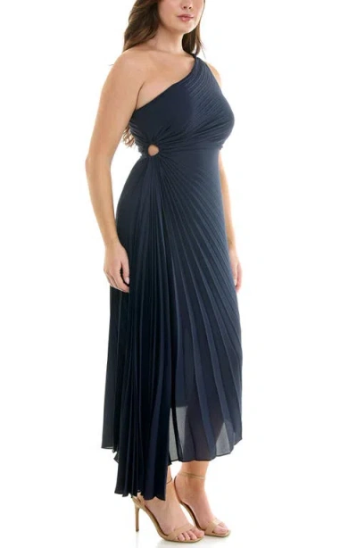 Nicole Miller One Shoulder Pleat Midi Dress In Blue