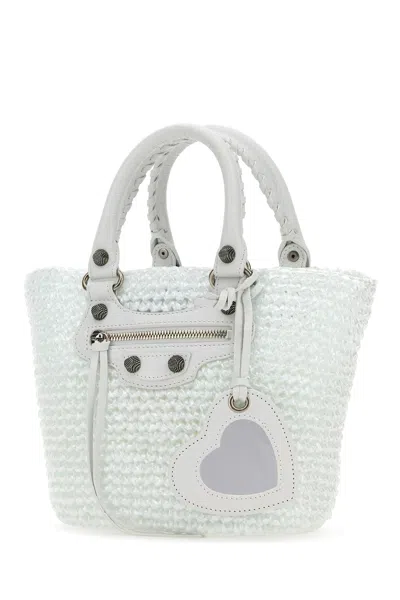 Balenciaga White Raffia Small Le Cagole Panier Handbag In White