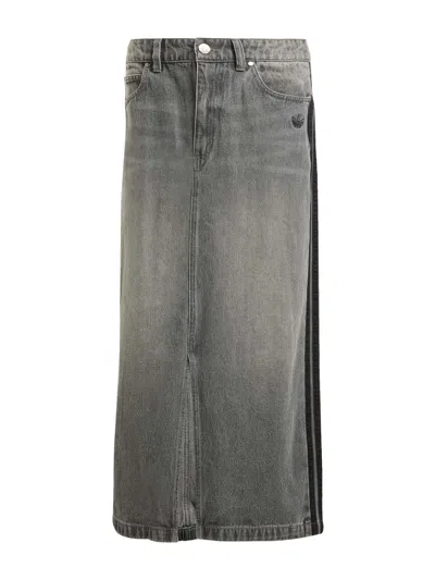 Adidas Originals Adicolor 3-stripes Denim Maxi Skirt In Gray