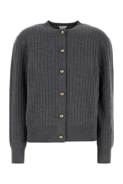 Bottega Veneta Grey Crewneck Cardigan With Knot Buttons Closure And Ribbed Knit In Wool Woman