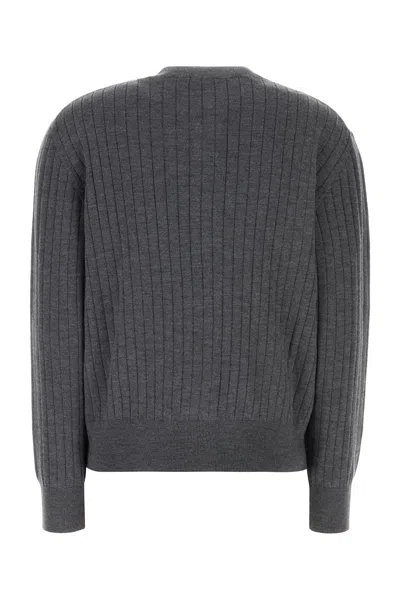 Bottega Veneta Grey Crewneck Cardigan With Knot Buttons Closure And Ribbed Knit In Wool Woman
