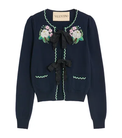 Valentino Embroidered Virgin-wool Cardigan In Blue