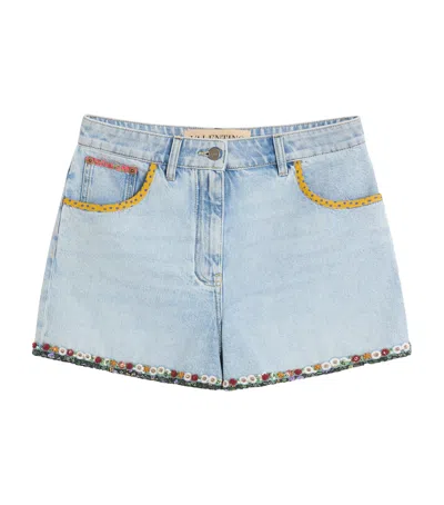 Valentino Embroidered Denim Shorts In Blue