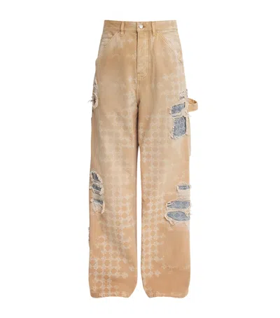 Amiri Mens Camel Repair Distressed Canvas Denim Trousers In Brown