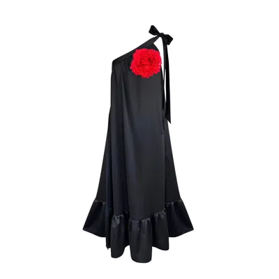 Toma Women's Black / Red Tango Holiday Vacation Summer One Shoulder Red Sequin Rose Dress