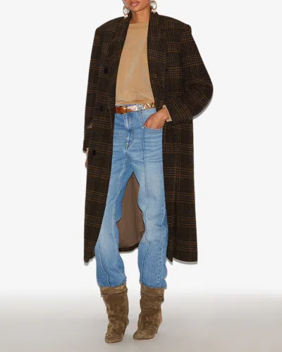 Isabel Marant Étoile Long Checked Double-breasted Coat Pockets In Brown