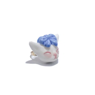 H2 Studio Women's Pink / Purple / Blue Angry Puss Porcelain Purple Blue Bow Tie Cat 14k Gold Plated Brass Ring
