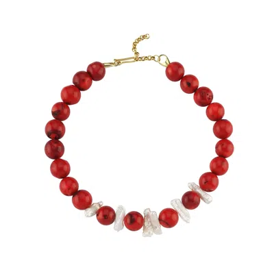 Linya Jewellery Women's Round Red Coral Necklace With Thalassa Pearl