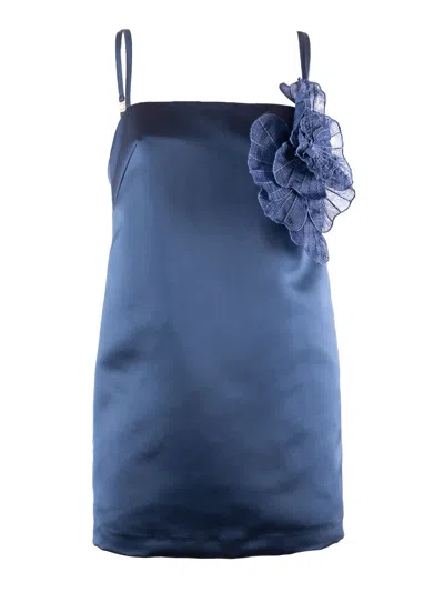 Elisabetta Franchi Embroidered Flower Duchesse Dress In Blue