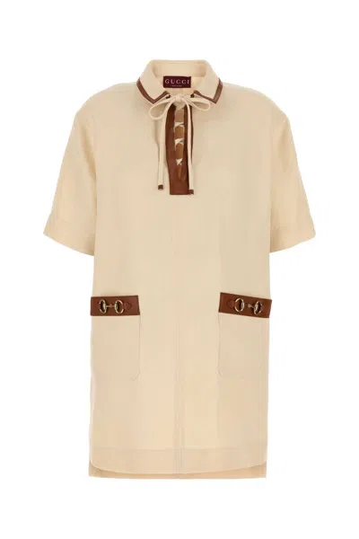 Gucci Linen Mini Dress Bow Detail In Neutral