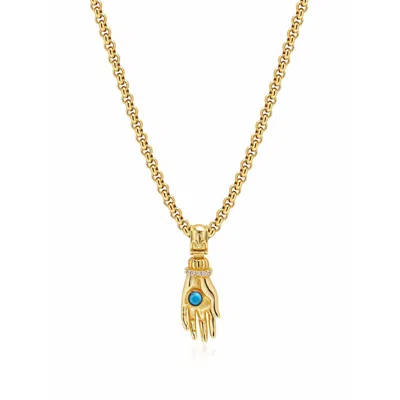 Nialaya Men's Hand Pendant With A Small Turquoise Gemstone In Gold