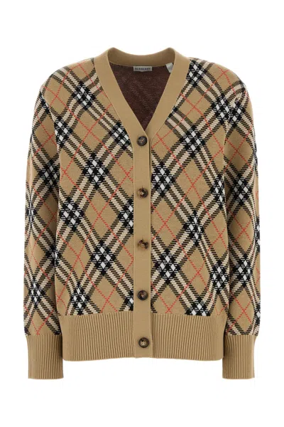 Burberry Check V-neck Cardigan In Wool And Mohair Blend In Brown