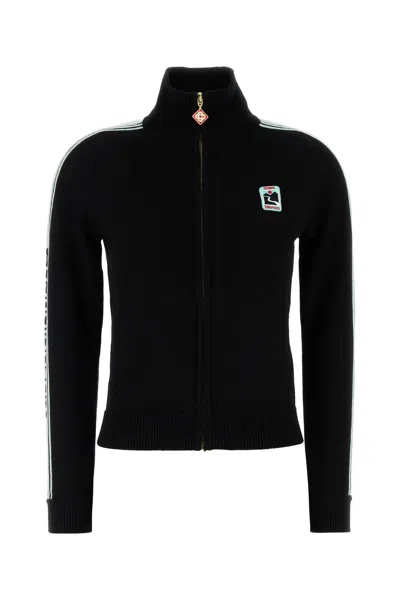 Casablanca Wool Cardigan With High Collar And Stripes In Black