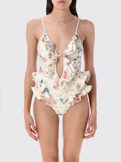 Zimmermann Multicolour Floral Swimsuit With Ruffled Edges And Adjustable Ties In Multi