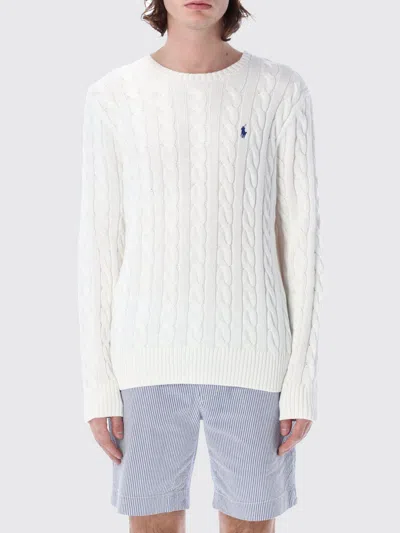 Polo Ralph Lauren White Cable Knit Crewneck Sweater With Pony Embroidery On The Front In Wool And Cashmere Man In Neutral