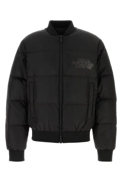 Dsquared2 Classic Black Puffer Bomber Jacket With Ribbed Cuffs In Black