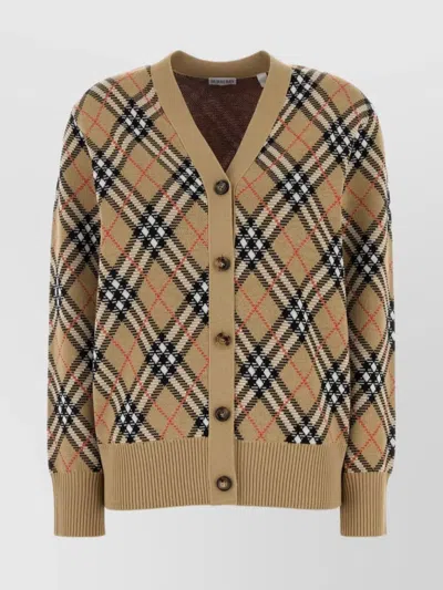 Burberry Check V-neck Cardigan In Wool And Mohair Blend In Brown