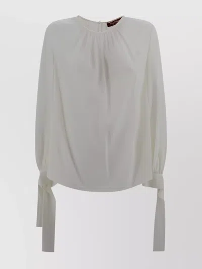 S Max Mara Back Keyhole Pleated Neckline Tie Detail Top In White