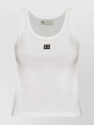 Tory Burch White Sleeveless Top With Round Neck And Logo Embroidery On The Front In Cotton Woman