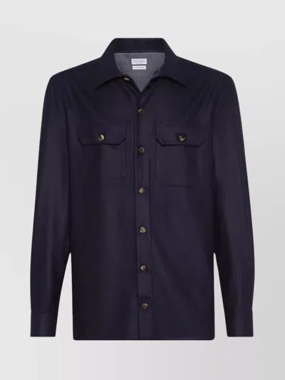 Brunello Cucinelli Wool Shirt With Long Sleeves And Spread Collar In Black