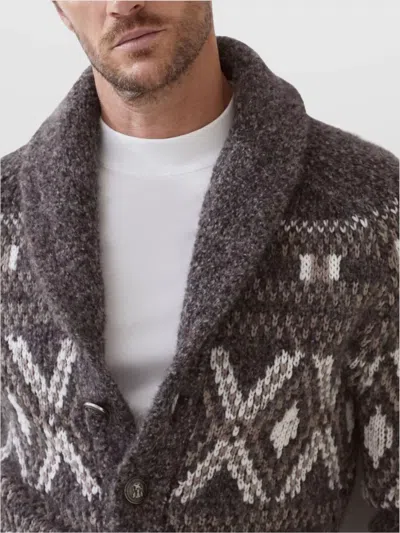 Brunello Cucinelli Wool Cardigan V-neck Geometric Pattern In Gray