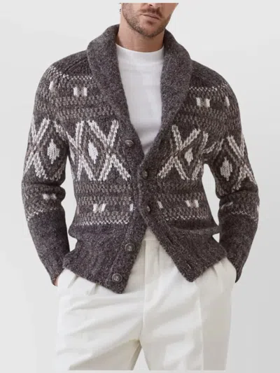Brunello Cucinelli Wool Cardigan V-neck Geometric Pattern In Gray