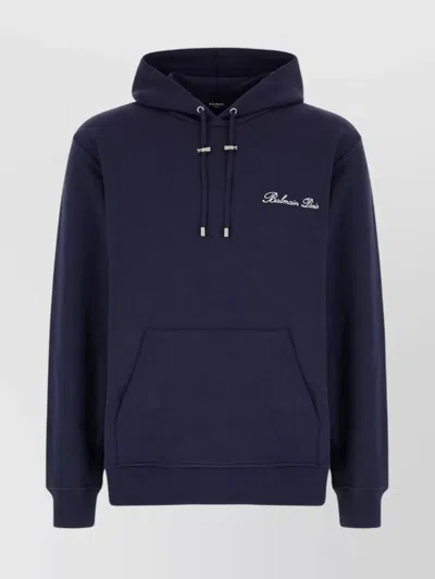 Balmain Hooded Sweatshirt With Kangaroo Pocket And Ribbed Finish In Blue