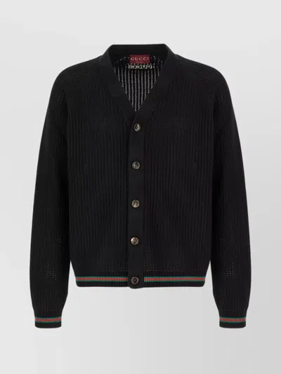 Gucci Crochet Cardigan With V Neck And Striped Hem In Black
