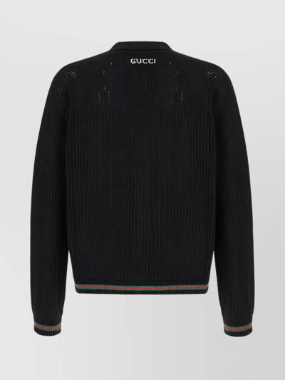 Gucci Crochet Cardigan With V Neck And Striped Hem In Black