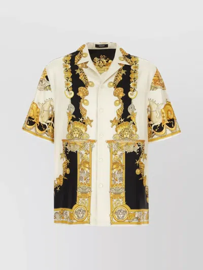Versace Coral Teater White Bowling Shirt With Cuban Collar And All-over Print In Silk Man In Neutral